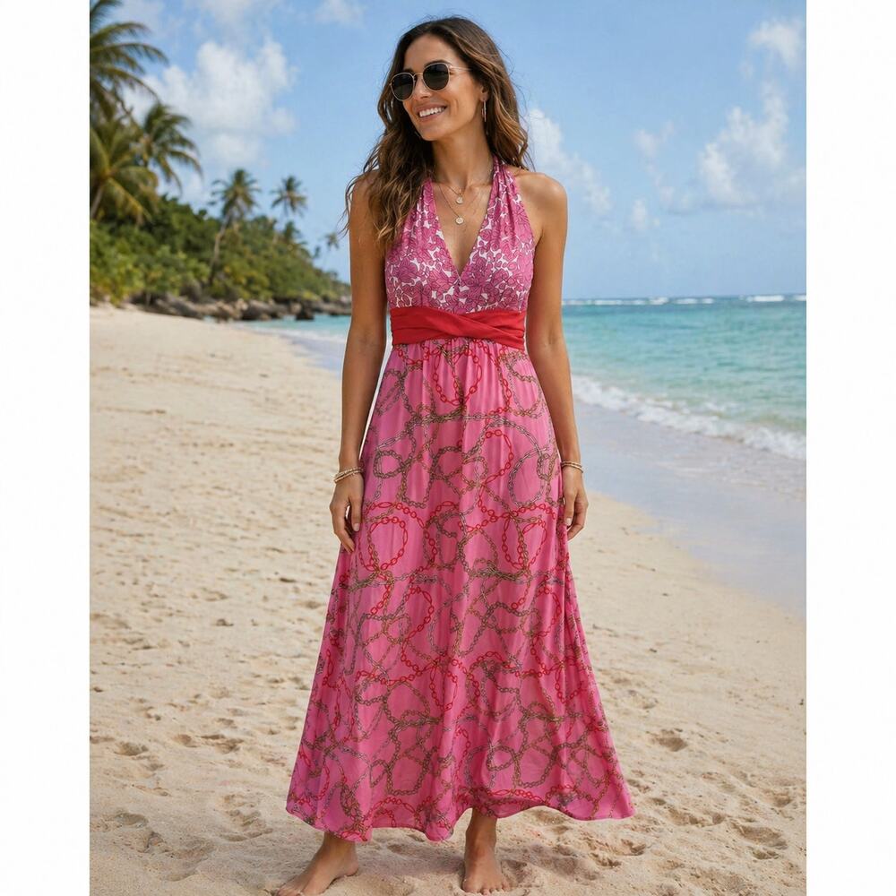Y2K New York & Co. Womens Maxi Dress Size L Chains Halter Summer Beachy Pink
